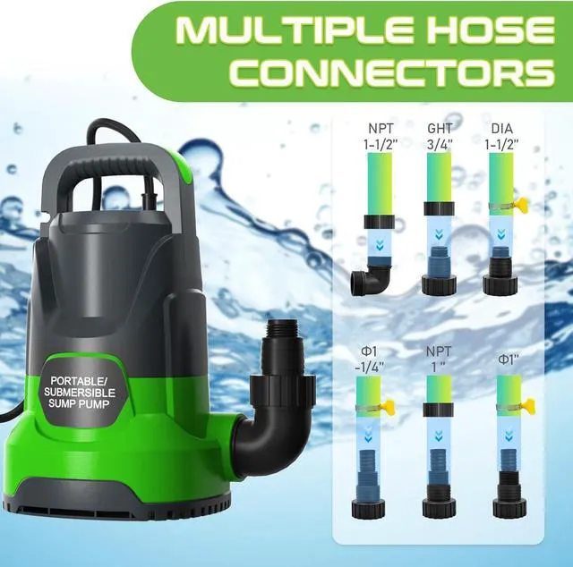 Alt view image 4 of 6 - Sump Pump 1HP Submersible Water Pump 3700GPH Electric Portable Transfer Water Pump for Pool Draining Basement, Light Green