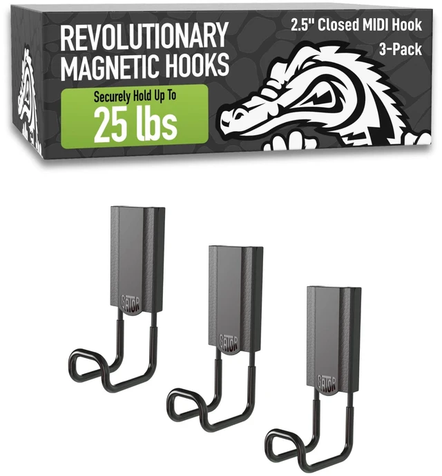 Main image of MIDI 2.5 in Closed Hooks, 25 lb Magnetic Hooks 3 Pack Patented Easy-Release, Non-Slip Grip. Works on toolboxes, garage, steel cabinets, workbenches, utility vans & lockers