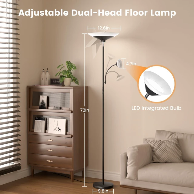 Alt view image 6 of 7 - Upgraded 2-in-1 Torchiere Floor Lamp, Dimmable Standing Lamp with Remote&Button Control, 34W Brightness Adjustable Floor Reading Light, Black Modern Corner Lamp for Living Room Bedroom Office