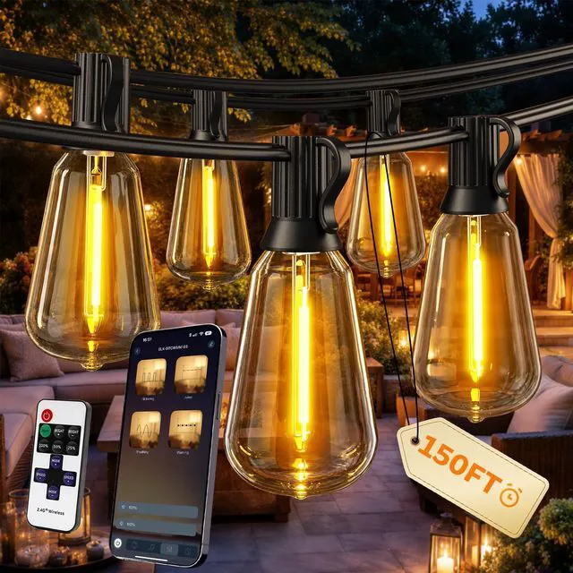 Main image of Outdoor String Lights, 150 FT Patio Lights for Outside Smart App & Remote Control with Timer, Dimmable with 4 Scene Modes, Warm White Waterproof LED Bulbs for Garden, Yard Decor