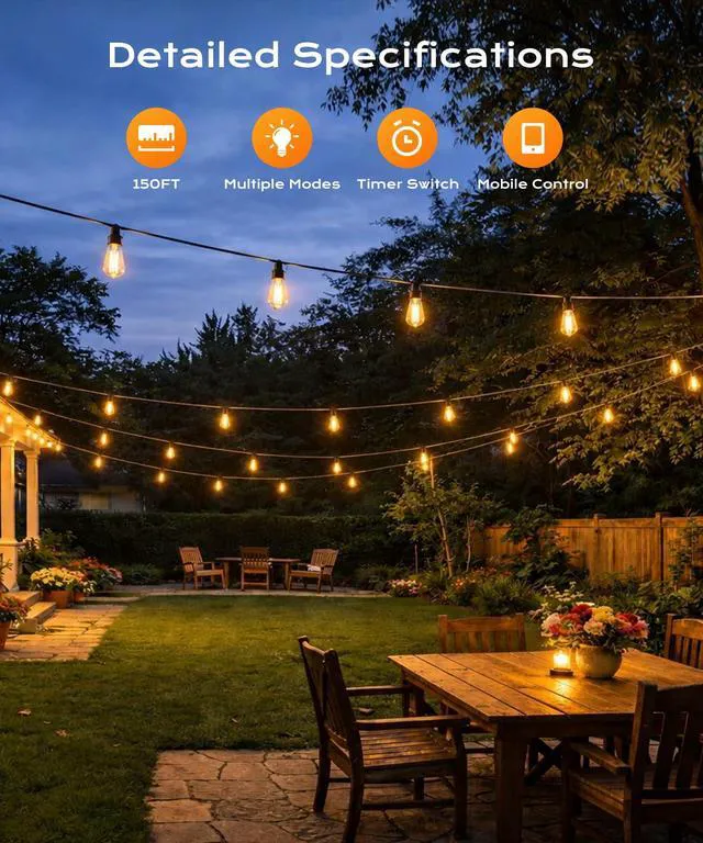 Alt view image 2 of 7 - Outdoor String Lights, 150 FT Patio Lights for Outside Smart App & Remote Control with Timer, Dimmable with 4 Scene Modes, Warm White Waterproof LED Bulbs for Garden, Yard Decor