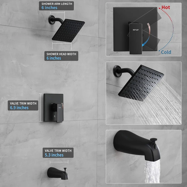 Alt view image 4 of 7 - Matte Black Tub Shower Faucet Set, 6" Rain Head with Valve Included Matte black shower kit with valve & tub spout. Single handle control, 6in rain head, durable matte finish for bathroom decor