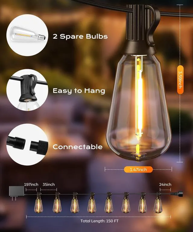 Alt view image 7 of 7 - Outdoor String Lights, 150 FT Patio Lights for Outside Smart App & Remote Control with Timer, Dimmable with 4 Scene Modes, Warm White Waterproof LED Bulbs for Garden, Yard Decor