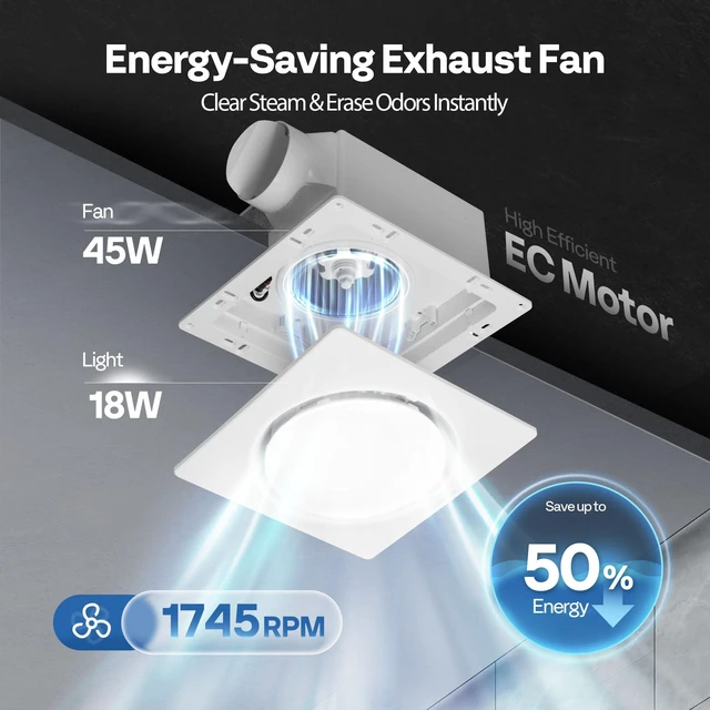 Alt view image 3 of 7 - Bathroom Exhaust Fan with Light & Humidity Sensor (160-110-50CFM) Autoflow, 2700K/4000K/5700K & EC Motor, Retrofit Ceiling Mount Bath Fan, No Attic Access Needed