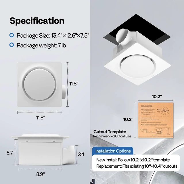 Alt view image 7 of 7 - Bathroom Exhaust Fan with Light & Humidity Sensor (160-110-50CFM) Autoflow, 2700K/4000K/5700K & EC Motor, Retrofit Ceiling Mount Bath Fan, No Attic Access Needed
