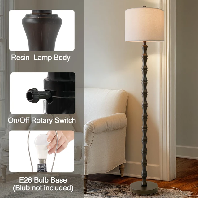 Alt view image 2 of 6 - 62" Rustic Floor Lamp, Retro Farmhouse Standing Lamp with Rotary Switch, Resin Dark Brown Floor Lamp for Living Room, Bedroom, Corner, Nursery, Dining Room, House