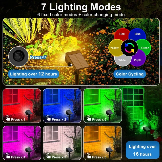 Alt view image 3 of 6 - Solar Color Changing Spot Lights Outdoor Waterproof Colored RGB Solar Powered Landscape Lights for Yard 7 Lighting Modes Multicolor Solar Spotlights for Pathway Garden Outside (10 Pack)