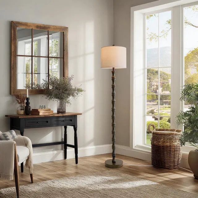 Alt view image 4 of 6 - 62" Rustic Floor Lamp, Retro Farmhouse Standing Lamp with Rotary Switch, Resin Dark Brown Floor Lamp for Living Room, Bedroom, Corner, Nursery, Dining Room, House