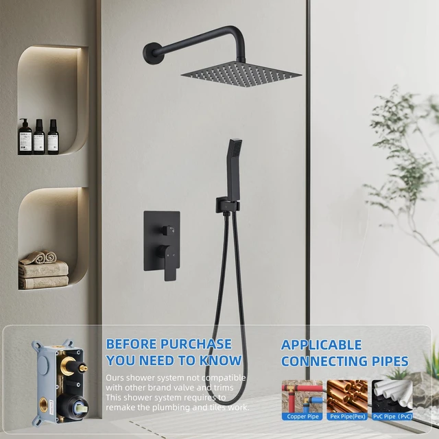 Alt view image 2 of 7 - Shower Faucet Set With 8" Shower Head And Handheld Black Wall Mounted Shower System Valve Include 2 Function