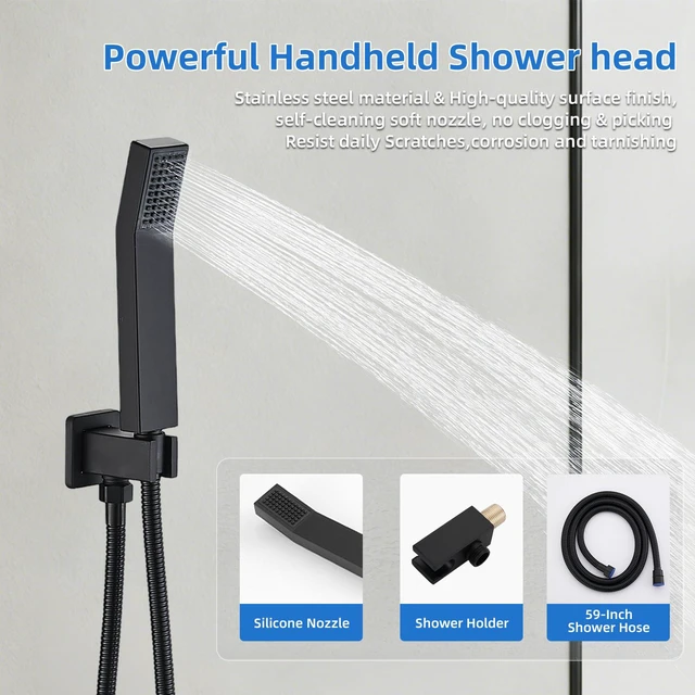 Alt view image 4 of 7 - Shower Faucet Set With 8" Shower Head And Handheld Black Wall Mounted Shower System Valve Include 2 Function