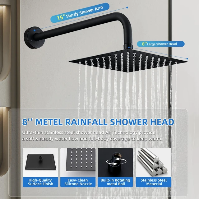 Alt view image 3 of 7 - Shower Faucet Set With 8" Shower Head And Handheld Black Wall Mounted Shower System Valve Include 2 Function