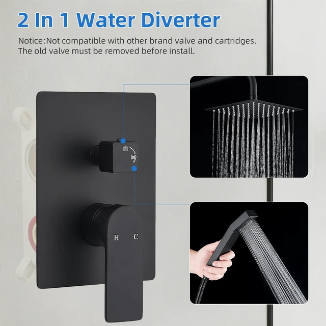Alt view image 5 of 7 - Shower Faucet Set With 8" Shower Head And Handheld Black Wall Mounted Shower System Valve Include 2 Function