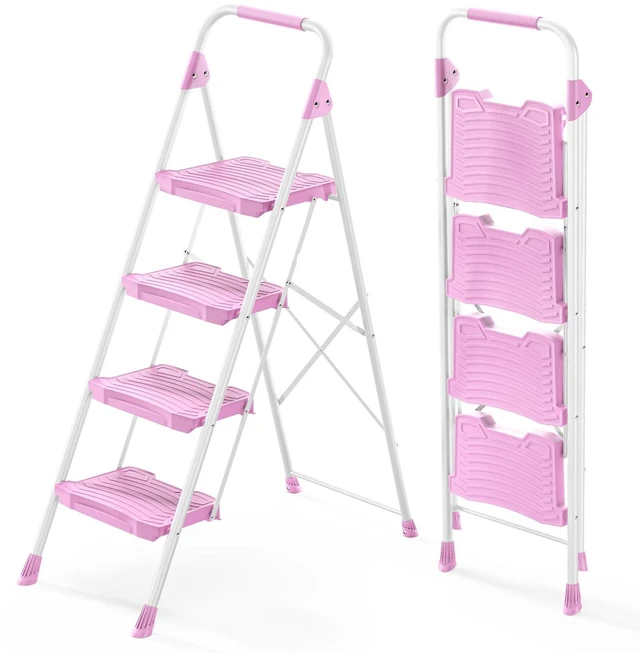 Main image of 4 Step Ladder, 900lbs Sturdy Step Stool with Handrail, Anti-Slip Wide Pedals, Foldable Stepladder for Home, Garage, Garden, Household, Pink, Pass 900LBS Testing