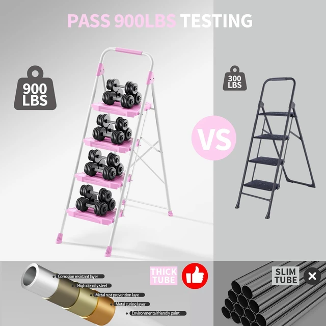 Alt view image 3 of 7 - 4 Step Ladder, 900lbs Sturdy Step Stool with Handrail, Anti-Slip Wide Pedals, Foldable Stepladder for Home, Garage, Garden, Household, Pink, Pass 900LBS Testing