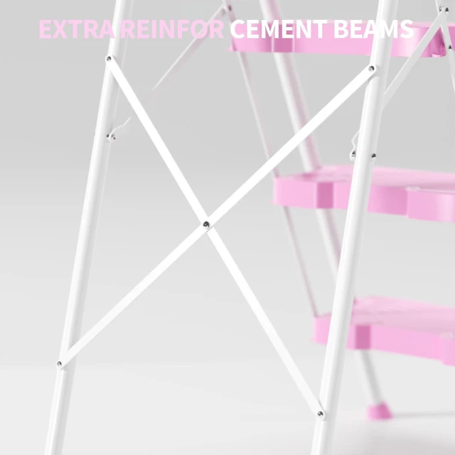 Alt view image 5 of 7 - 4 Step Ladder, 900lbs Sturdy Step Stool with Handrail, Anti-Slip Wide Pedals, Foldable Stepladder for Home, Garage, Garden, Household, Pink, Pass 900LBS Testing