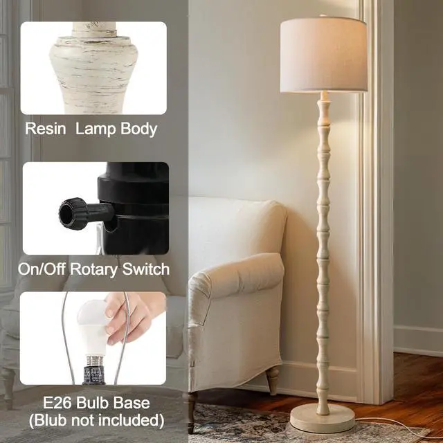 Alt view image 2 of 6 - 62" Rustic Floor Lamp, Retro Farmhouse Standing Lamp with Rotary Switch, Resin Antique White Floor Lamp for Living Room, Bedroom, Corner, Dining Room, Nursery, Cozy Home Décor
