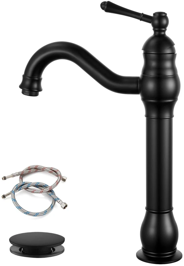 Main image of Vintage Bathroom Vessel Sink Faucet, Matte Black, with Drain Tall Bathroom Faucet 1 Hole Single Handle, 360° Swivel Spout, cUPC Water Lines, Lead-Free, for Farmhouse Vanity Washbasin RV
