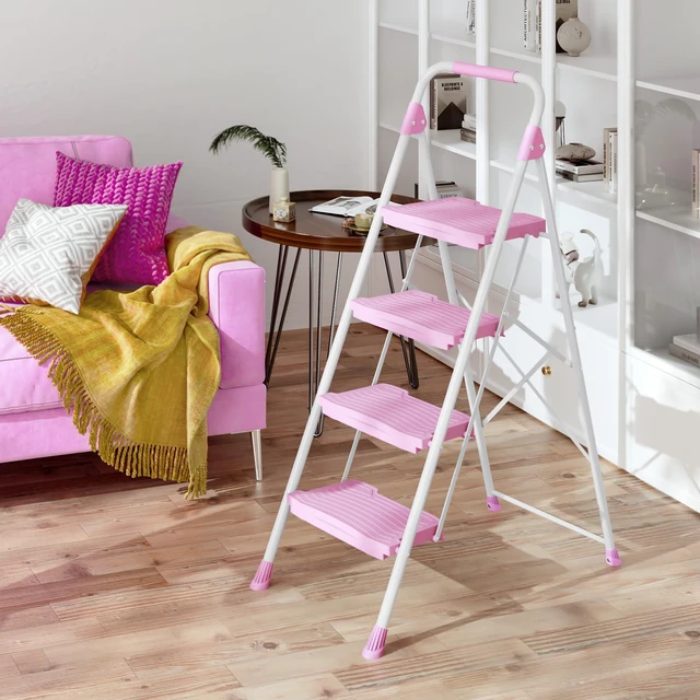Alt view image 7 of 7 - 4 Step Ladder, 900lbs Sturdy Step Stool with Handrail, Anti-Slip Wide Pedals, Foldable Stepladder for Home, Garage, Garden, Household, Pink, Pass 900LBS Testing