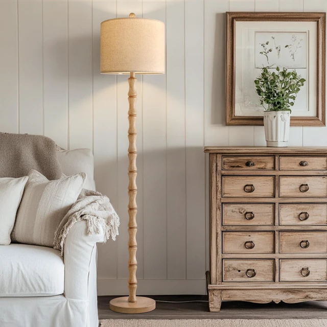 Alt view image 6 of 7 - 62" Farmhouse Floor Lamp for Living Room, Retro Corner Floor Lamp Rotary Switch, Rustic Standing Lamp for Bedroom, Corner, Nursery, Dining Room, Bedroom, House