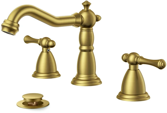 Main image of Bathroom Sink Faucet 3 Hole Vintage 8" Widespread Brushed Gold 6-12 inch 3-hole Install, 2 Lever Handle Antique Bathroom Sink Faucet for Vanity RV Farmhouse with Drain and Supply Lines