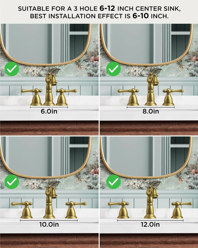 Alt view image 3 of 7 - Bathroom Sink Faucet 3 Hole Vintage 8" Widespread Brushed Gold 6-12 inch 3-hole Install, 2 Lever Handle Antique Bathroom Sink Faucet for Vanity RV Farmhouse with Drain and Supply Lines