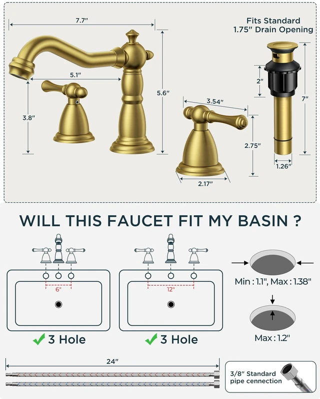 Alt view image 2 of 7 - Bathroom Sink Faucet 3 Hole Vintage 8" Widespread Brushed Gold 6-12 inch 3-hole Install, 2 Lever Handle Antique Bathroom Sink Faucet for Vanity RV Farmhouse with Drain and Supply Lines