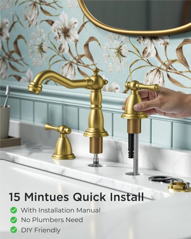 Alt view image 4 of 7 - Bathroom Sink Faucet 3 Hole Vintage 8" Widespread Brushed Gold 6-12 inch 3-hole Install, 2 Lever Handle Antique Bathroom Sink Faucet for Vanity RV Farmhouse with Drain and Supply Lines