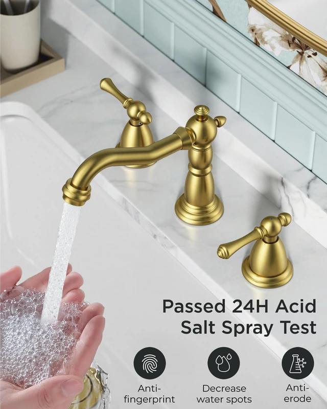 Alt view image 6 of 7 - Bathroom Sink Faucet 3 Hole Vintage 8" Widespread Brushed Gold 6-12 inch 3-hole Install, 2 Lever Handle Antique Bathroom Sink Faucet for Vanity RV Farmhouse with Drain and Supply Lines