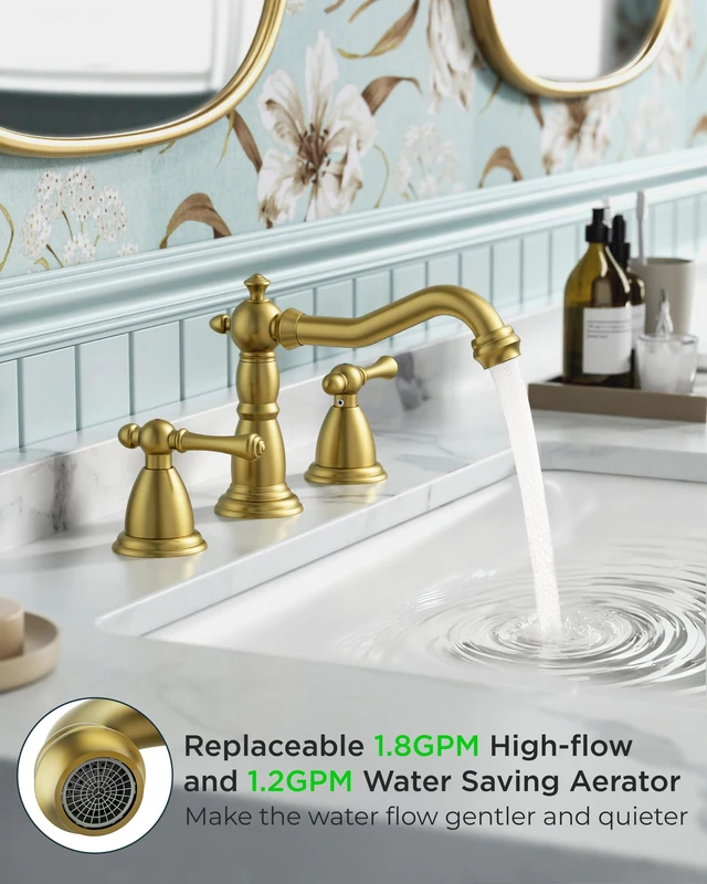 Alt view image 5 of 7 - Bathroom Sink Faucet 3 Hole Vintage 8" Widespread Brushed Gold 6-12 inch 3-hole Install, 2 Lever Handle Antique Bathroom Sink Faucet for Vanity RV Farmhouse with Drain and Supply Lines