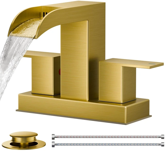 Main image of Waterfall Bathroom Faucet 2 or 3 Hole 4 Inch Centerset Brushed Gold Square Bathroom Sink Faucet 4 Inch Two Handles with Pop-up Drain and Supply Lines, for Vanity RV Farmhouse Laundry Room Basin