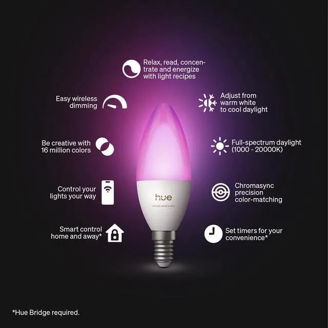 Alt view image 2 of 7 - Smart LED Candle Bulb, B39, E12, 1 Pack, White and Color Ambiance, Full Spectrum Light 1000K-20000K, 470 lm, Ultra-Low Dimming, Chromasync, Alexa, Google Home, Apple Home