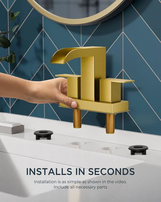 Alt view image 4 of 7 - Waterfall Bathroom Faucet 2 or 3 Hole 4 Inch Centerset Brushed Gold Square Bathroom Sink Faucet 4 Inch Two Handles with Pop-up Drain and Supply Lines, for Vanity RV Farmhouse Laundry Room Basin