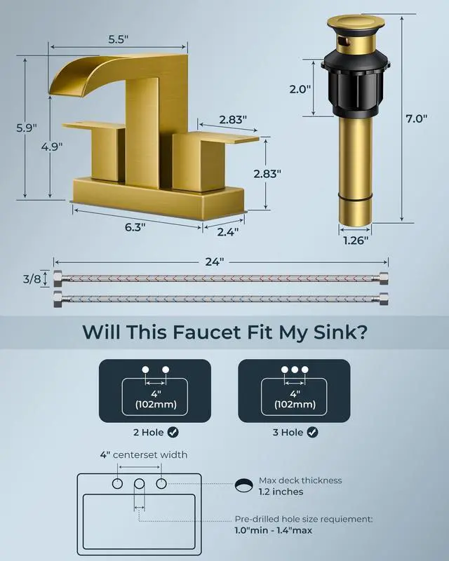 Alt view image 5 of 7 - Waterfall Bathroom Faucet 2 or 3 Hole 4 Inch Centerset Brushed Gold Square Bathroom Sink Faucet 4 Inch Two Handles with Pop-up Drain and Supply Lines, for Vanity RV Farmhouse Laundry Room Basin