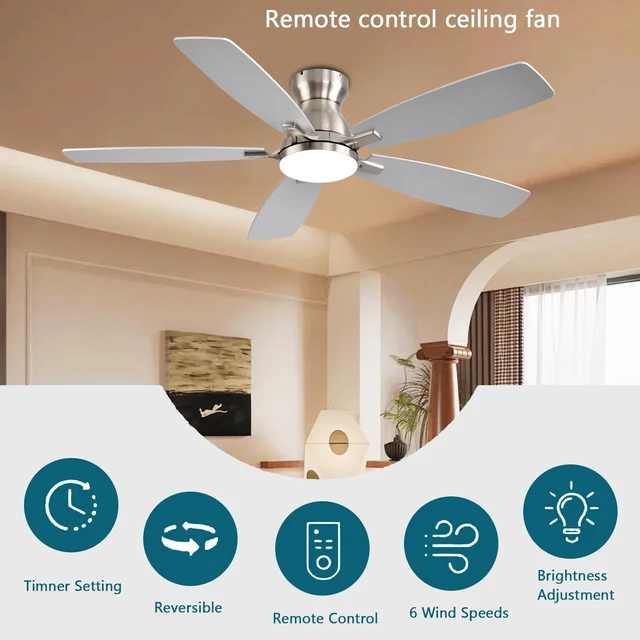 Alt view image 2 of 7 - Ceiling Fans with Lights, 52 Inch Low Profile Ceiling Fan with Light and Remote Control, Flush Mount, DC Reversible Motor, Noiseless, Nickel 6 Speeds Ceiling Fan for Bedroom