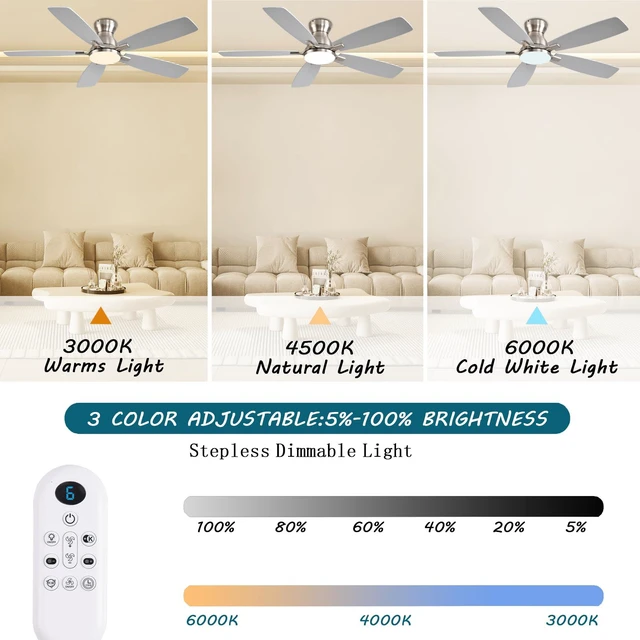 Alt view image 3 of 7 - Ceiling Fans with Lights, 52 Inch Low Profile Ceiling Fan with Light and Remote Control, Flush Mount, DC Reversible Motor, Noiseless, Nickel 6 Speeds Ceiling Fan for Bedroom