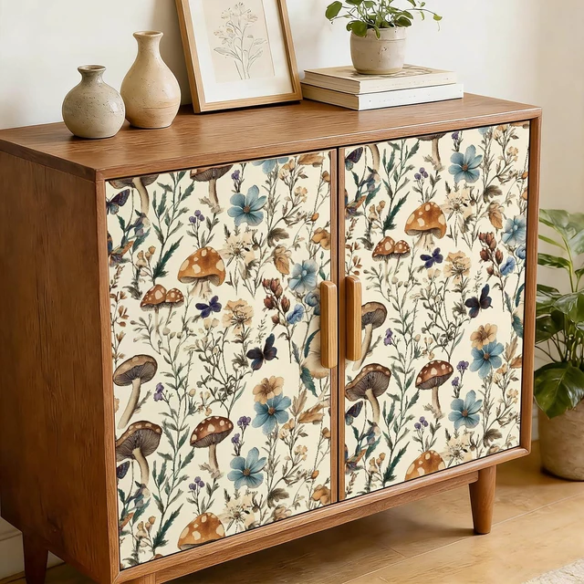 Alt view image 4 of 7 - Mushroom Wallpaper Peel and Stick Vintage Floral 16.9" x 393.7" Boho Floral Contact Paper Peel and Stick Mushroom Forest Self Adhesive Removable Wall Paper for Bathroom Cabinets Liner Vinyl