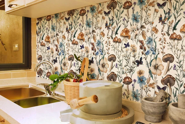 Alt view image 3 of 7 - Mushroom Wallpaper Peel and Stick Vintage Floral 16.9" x 393.7" Boho Floral Contact Paper Peel and Stick Mushroom Forest Self Adhesive Removable Wall Paper for Bathroom Cabinets Liner Vinyl