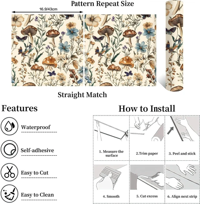 Alt view image 5 of 7 - Mushroom Wallpaper Peel and Stick Vintage Floral 16.9" x 393.7" Boho Floral Contact Paper Peel and Stick Mushroom Forest Self Adhesive Removable Wall Paper for Bathroom Cabinets Liner Vinyl