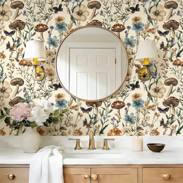 Alt view image 6 of 7 - Mushroom Wallpaper Peel and Stick Vintage Floral 16.9" x 393.7" Boho Floral Contact Paper Peel and Stick Mushroom Forest Self Adhesive Removable Wall Paper for Bathroom Cabinets Liner Vinyl