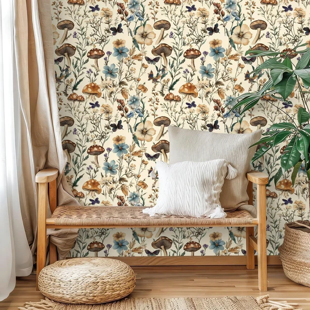 Alt view image 2 of 7 - Mushroom Wallpaper Peel and Stick Vintage Floral 16.9" x 393.7" Boho Floral Contact Paper Peel and Stick Mushroom Forest Self Adhesive Removable Wall Paper for Bathroom Cabinets Liner Vinyl