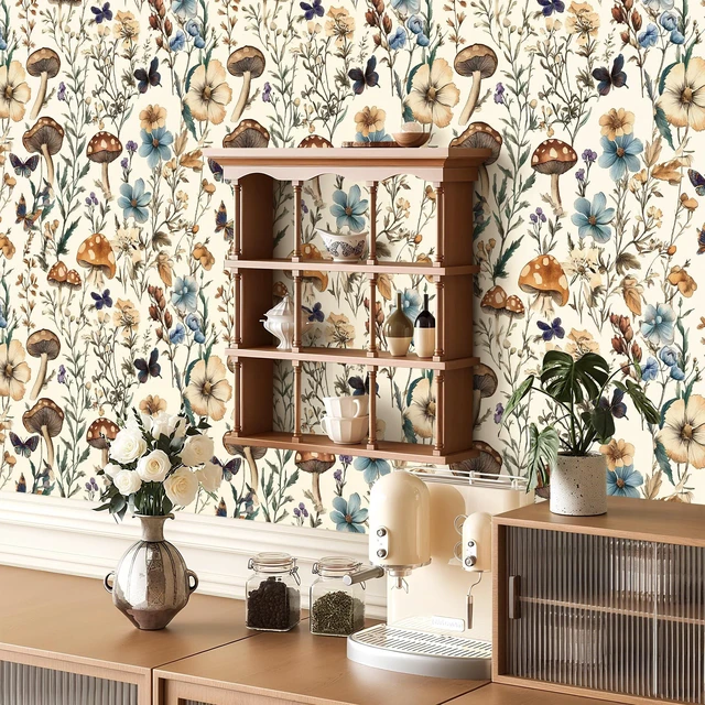 Alt view image 7 of 7 - Mushroom Wallpaper Peel and Stick Vintage Floral 16.9" x 393.7" Boho Floral Contact Paper Peel and Stick Mushroom Forest Self Adhesive Removable Wall Paper for Bathroom Cabinets Liner Vinyl