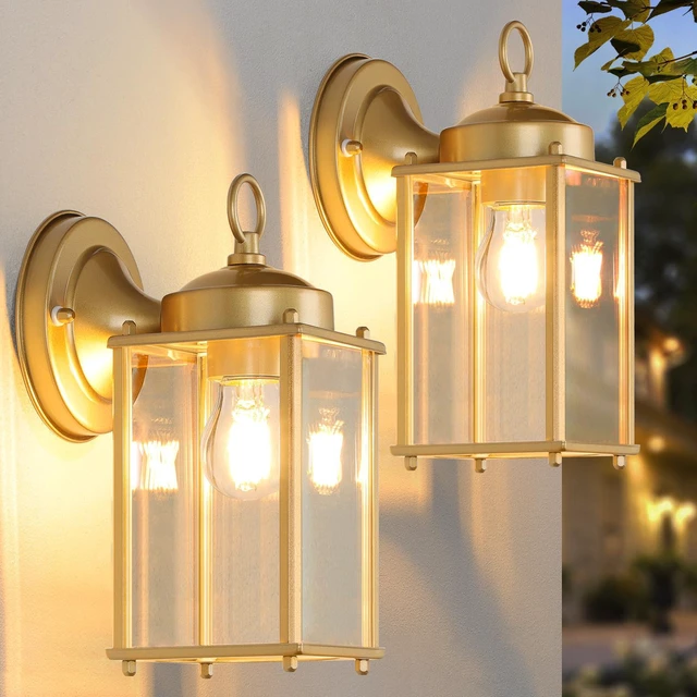 Main image of Large Outdoor Wall Lantern, Exterior Waterproof Wall Sconce Light Fixtures, Gold Front Door Lighting with Clear Beveled Glass, Anti-Rust E26 Socket Porch Lamp, 2 Pack