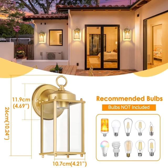 Alt view image 2 of 7 - Large Outdoor Wall Lantern, Exterior Waterproof Wall Sconce Light Fixtures, Gold Front Door Lighting with Clear Beveled Glass, Anti-Rust E26 Socket Porch Lamp, 2 Pack