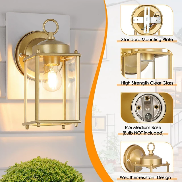 Alt view image 6 of 7 - Large Outdoor Wall Lantern, Exterior Waterproof Wall Sconce Light Fixtures, Gold Front Door Lighting with Clear Beveled Glass, Anti-Rust E26 Socket Porch Lamp, 2 Pack