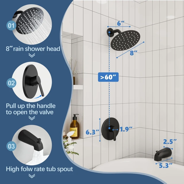 Alt view image 3 of 7 - Tub Shower Faucet Set, 8" Rain Shower Head & Spout, Matte Black All-Metal Rainfall Black Showerhead and Bathtub Spout, Single-Handle Tub Shower-Trim Kit Included Valve, for Bathroom