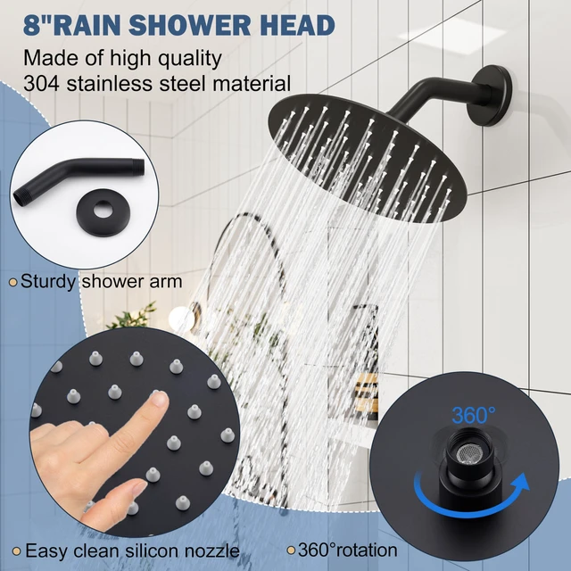 Alt view image 4 of 7 - Tub Shower Faucet Set, 8" Rain Shower Head & Spout, Matte Black All-Metal Rainfall Black Showerhead and Bathtub Spout, Single-Handle Tub Shower-Trim Kit Included Valve, for Bathroom