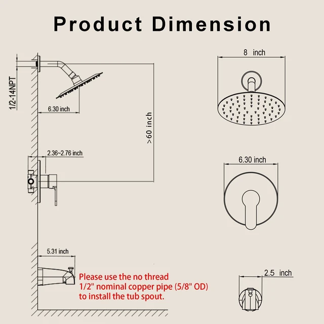 Alt view image 7 of 7 - Tub Shower Faucet Set, 8" Rain Shower Head & Spout, Matte Black All-Metal Rainfall Black Showerhead and Bathtub Spout, Single-Handle Tub Shower-Trim Kit Included Valve, for Bathroom