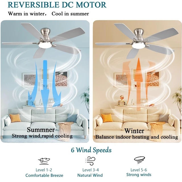 Alt view image 4 of 7 - Ceiling Fans with Lights, 52 Inch Low Profile Ceiling Fan with Light and Remote Control, Flush Mount, DC Reversible Motor, Noiseless, Nickel 6 Speeds Ceiling Fan for Bedroom