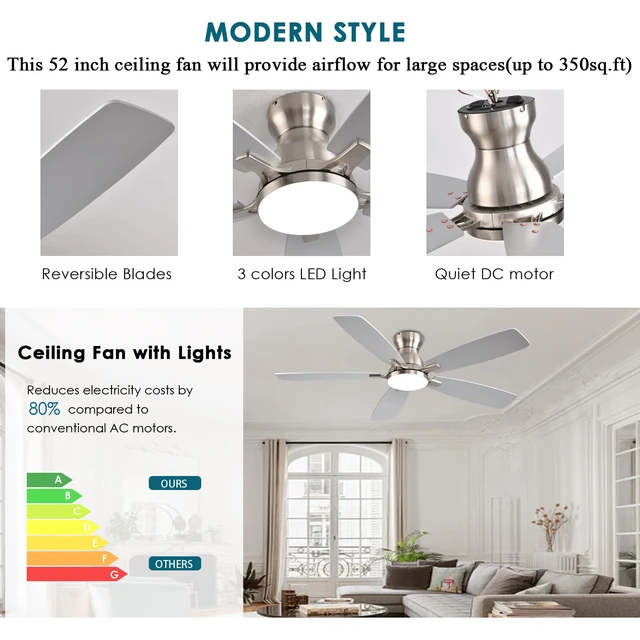 Alt view image 6 of 7 - Ceiling Fans with Lights, 52 Inch Low Profile Ceiling Fan with Light and Remote Control, Flush Mount, DC Reversible Motor, Noiseless, Nickel 6 Speeds Ceiling Fan for Bedroom