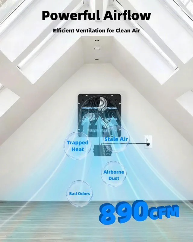 Alt view image 3 of 7 - 10'' Upgraded Shutter Exhaust Fan with Thermostat & Remote Control Automatic On/Off by Temperature, 890 CFM Wall Mounted Garage Fan for Attic, Greenhouses, Sheds, Chicken Coops & Shops
